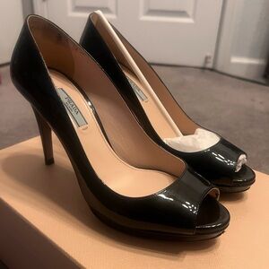 Prada Black Patent Leather Peep Toe Heels